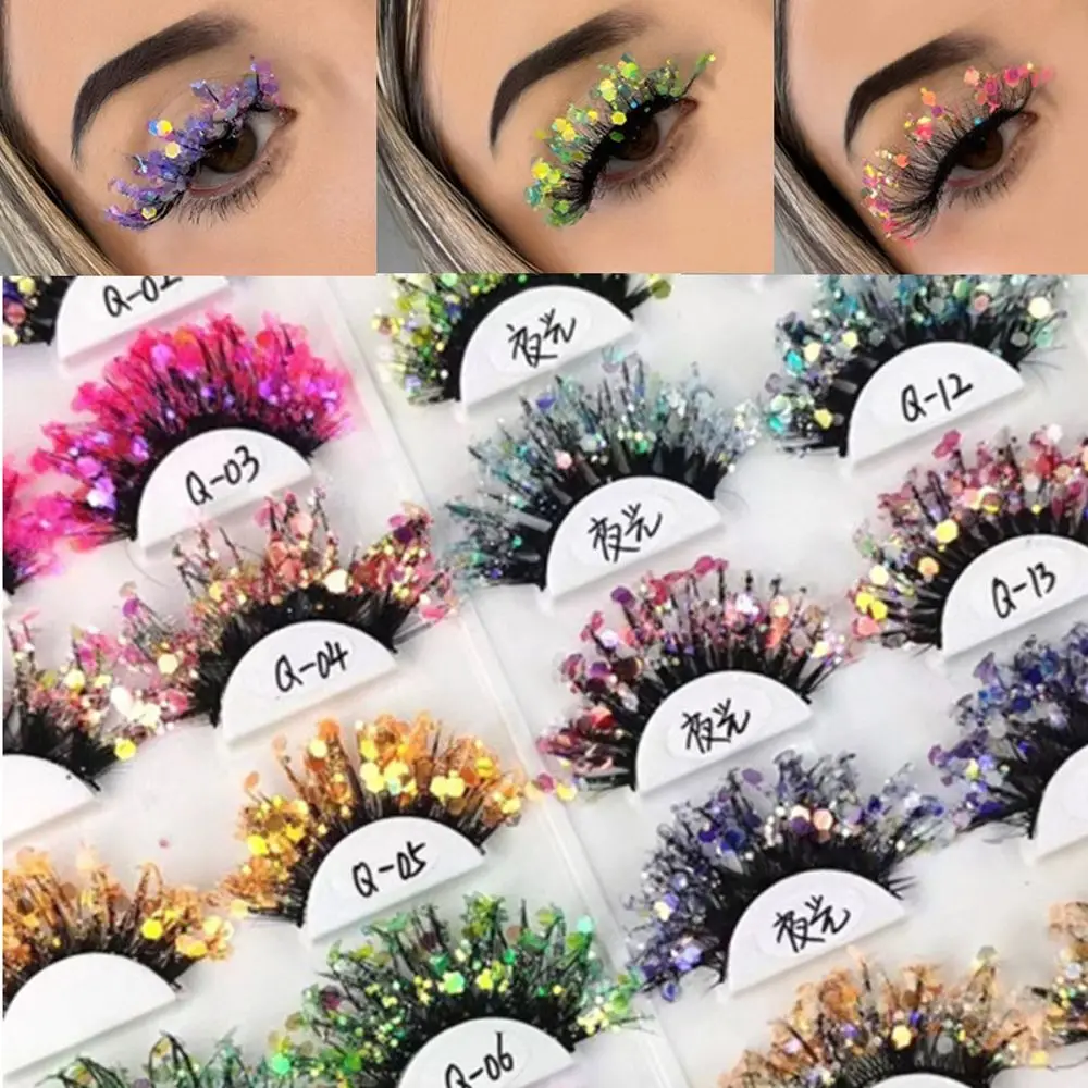 

Unique Shining Colored Eyelashes Gold Pink Green Glitter Colorful False Eye Lashes Party Rainbow Cilias Dramatic Halloween