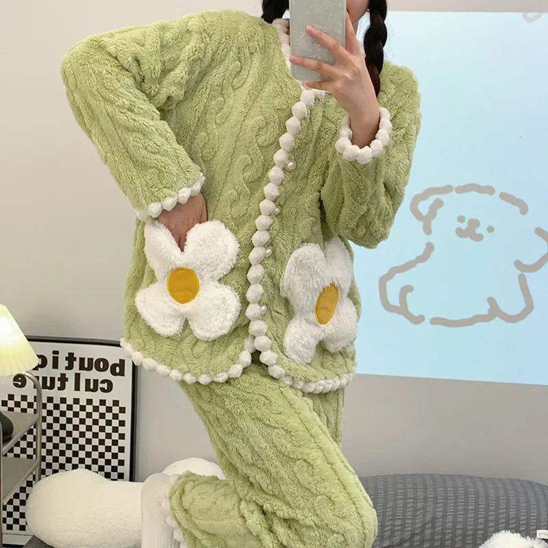 

2023 New Pajamas Set Women Winter Coral Velvet Pyjamas Women Homewear New Loose Casual Women's Pockets Simple Pajamas