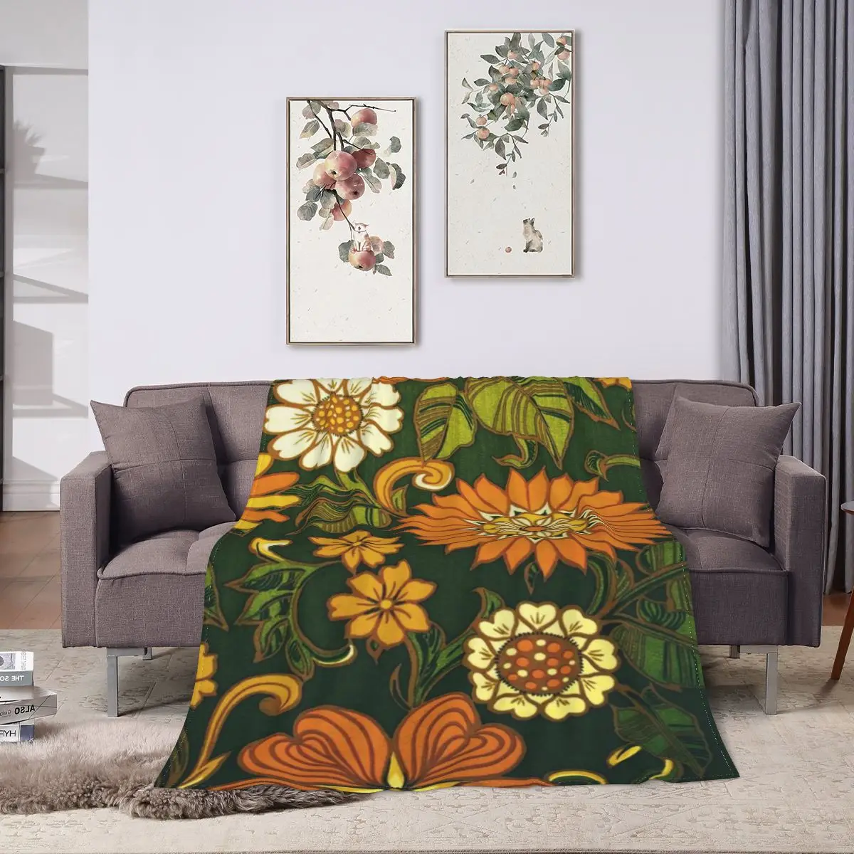 Ультрамягкое Флисовое одеяло с зеленым и оранжевым узором 70-х