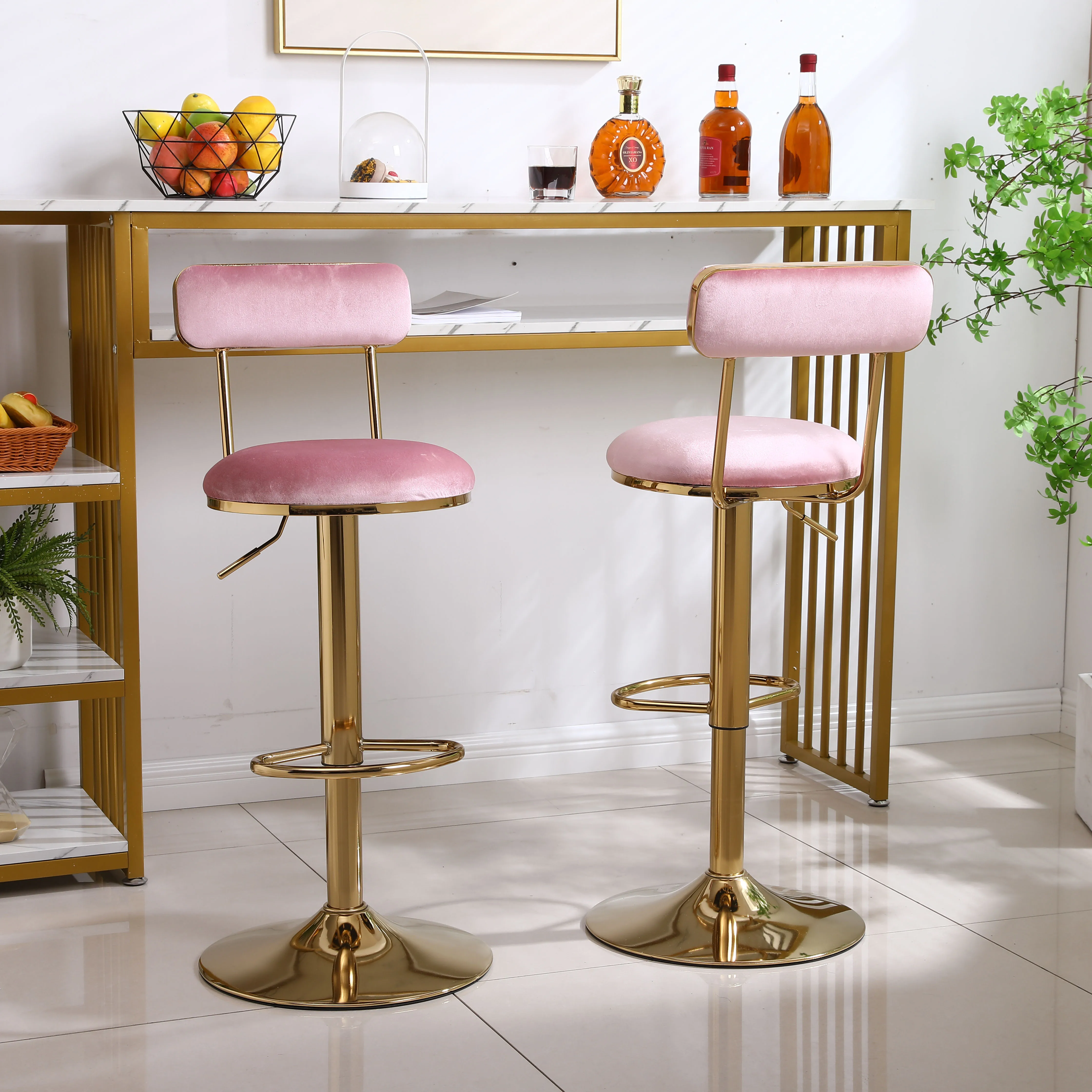 

2 Pieces Swivel Velvet Bar Stools with Back and Footrest Counter Adjusatble Height Dining Chairs