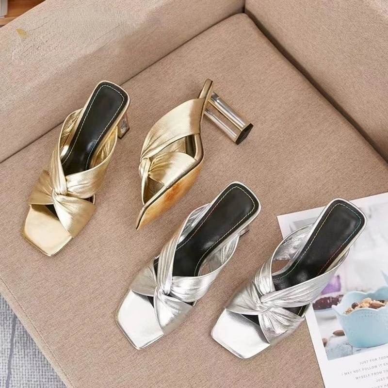Sexy Women's Shoes Summer High Heel Sandals Square Root Transparent Heel Twist Vamp Fashion Large Size Sandals Gold Slippers