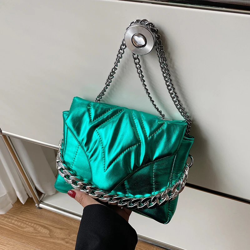 

Women Thick Chain PU Leather Crossbody Bags Evening Clutch Shoulder Bag Fashion Ladies Green Pink Handbags and Purse