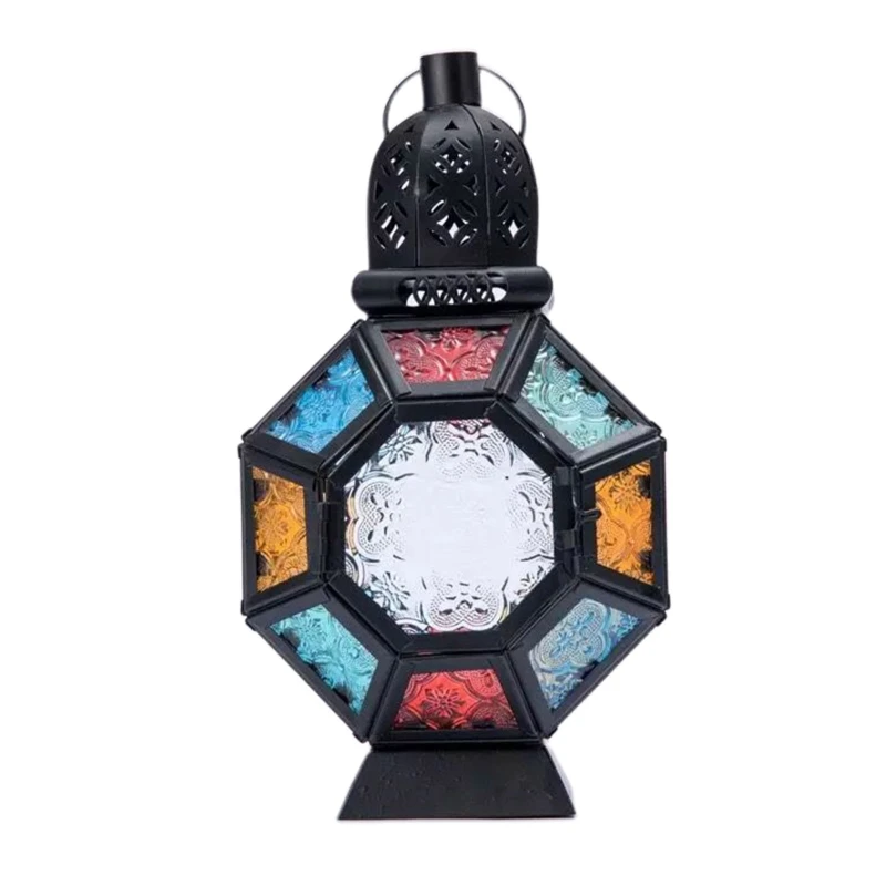 

Moroccan Style Wrought Iron Stained Glass Wind Lantern Hanging Candlestick