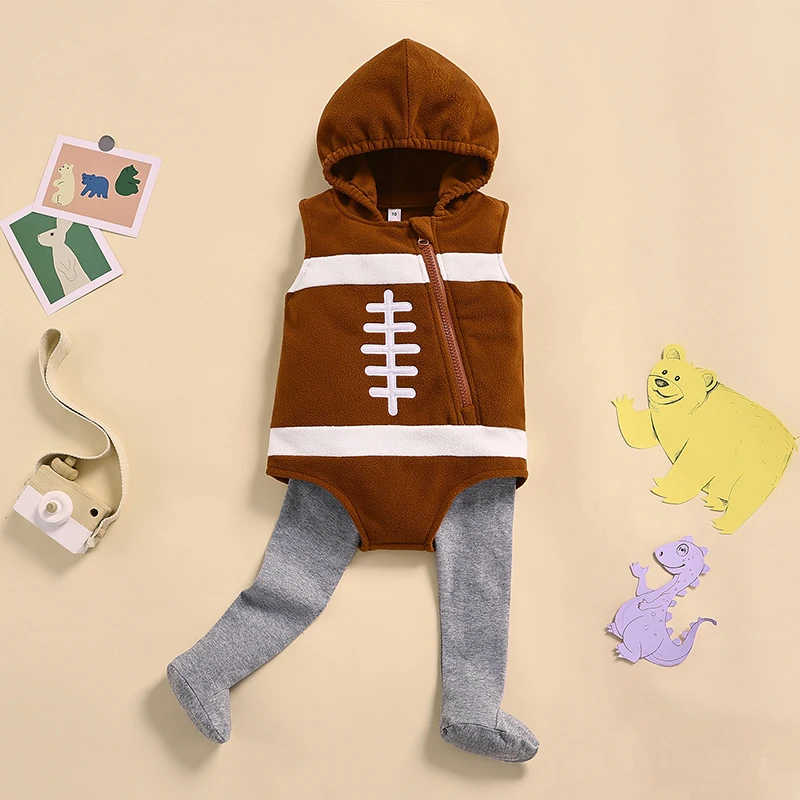 

0-24 Months Baby Romper Set Creative Rugby Appearance Oblique Zipper Hooded Sleeveless Jumpsuit + Stockings