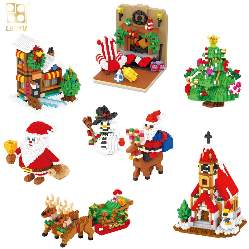 

698pcs+ Christmas Santa Claus Building Blocks Snowman Figure Church Tree Deer Mini Bricks Toys for Children Christmas Gift