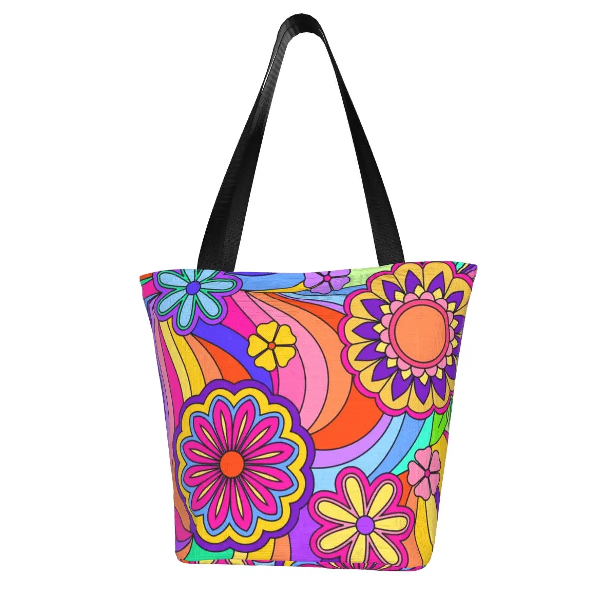 

Colorful Flower Power Shopping Bag Vintage Hippy Print Gifts Funny Handbag Polyester Streetwear Woman Bags