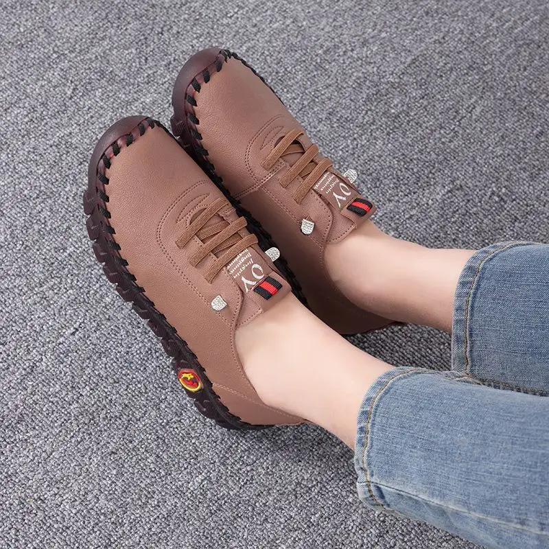 Orthopedic pu leather loafers womens flats nurse shoes leather moccasins for women 43 size ladies lace up flats mother shoes new