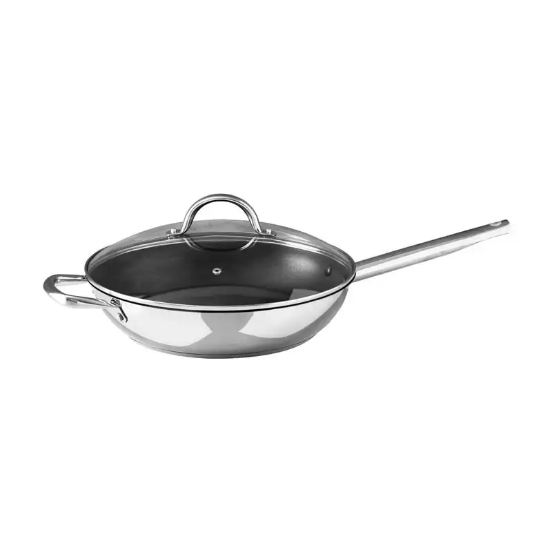 

Сковорода для жарки Gourmet от Bergner, антипригарная, 12 дюймов, нержавеющая сталь, отполированная стеклянная крышка, ручка-помощник, 12 дюймов
