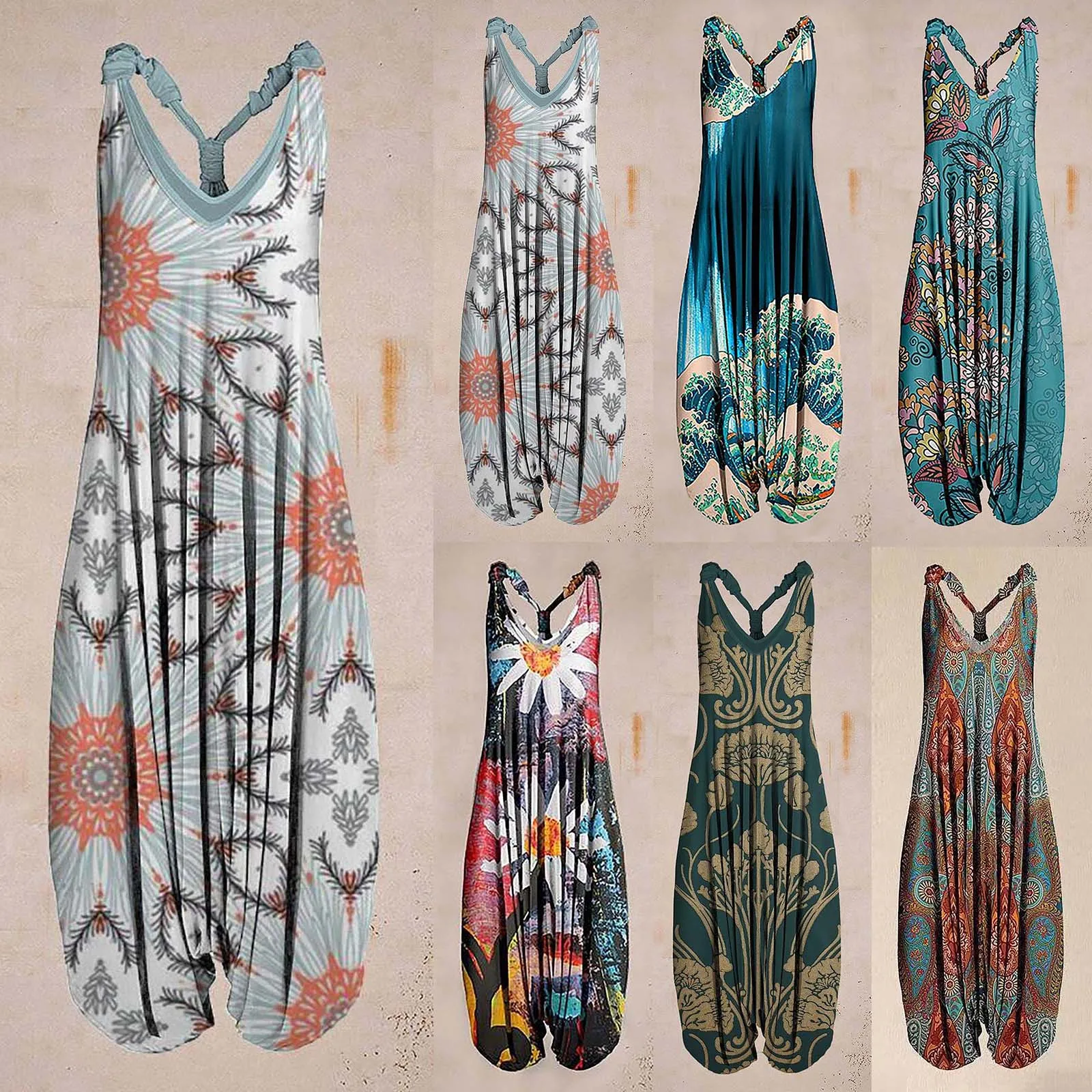

Women Vintage Sling V Neck Loose Jumpsuit Sexy Casual Backless Pattern Print Rompers Fashion Summer Overalls Playsuits Plus Size