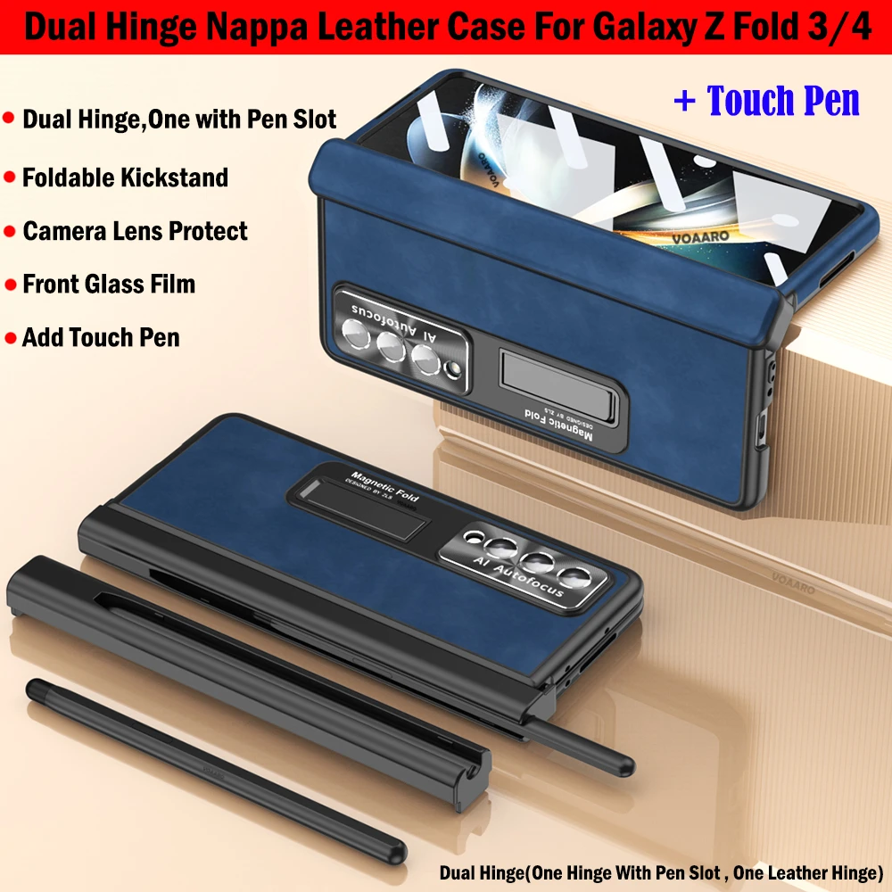 

Nappa Leather Funda for Samsung Galaxy Z Fold 4 3 Hinge Case with Touch Pen Slot Holder Lens Protective Case Front Screen Film