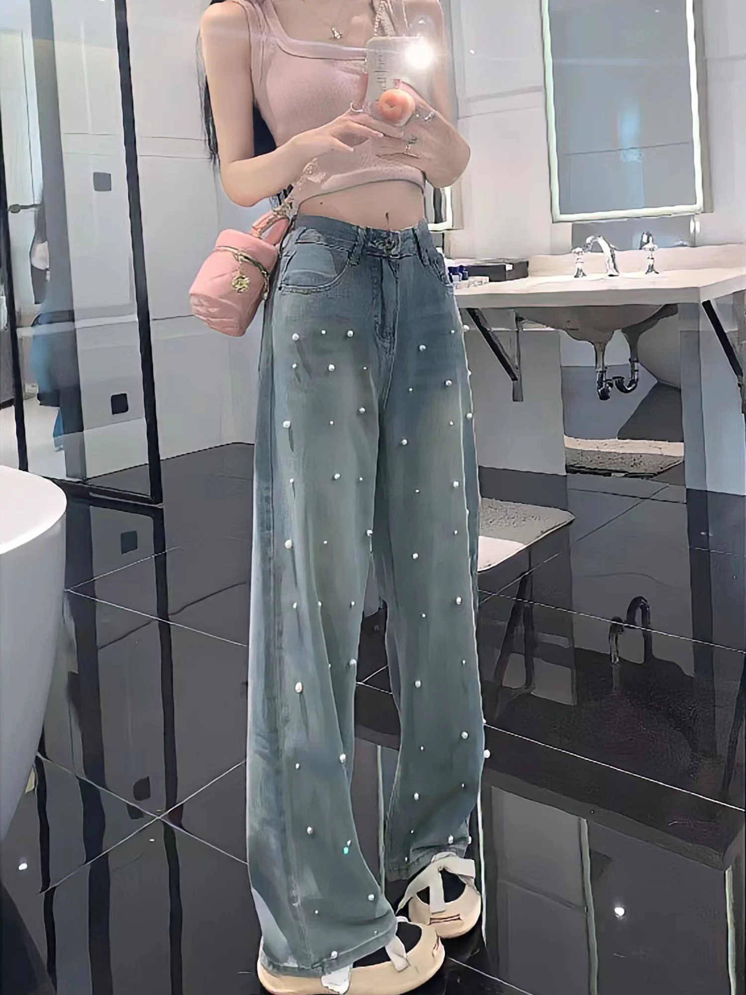 Jeans Women 2023New Design Sense Pearl Loose Casual Jeans Fashion Chic Women'S Long Trousers Retro Washed Wide Leg Mopping Pants