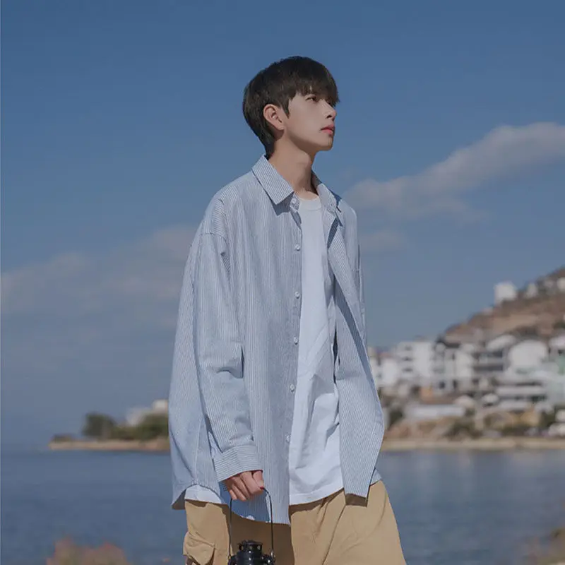 

Spring Autumn Long Sleeve Blue Triped Shirt for Men Women Button Up Blouse Y2k Streetwear Japanese Fashion Clothing 2023