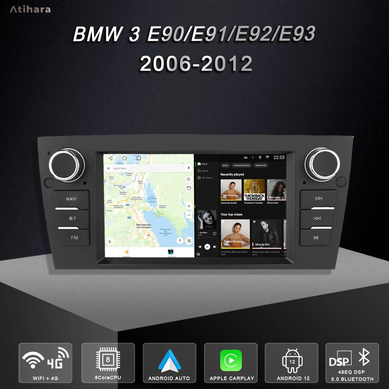 Atihara 7 &quotCarplay Android авто радио для BMW 3 E90/E91/E92/E93 2006-2012 2Din 4G Wi-Fi мультимедийный плеер