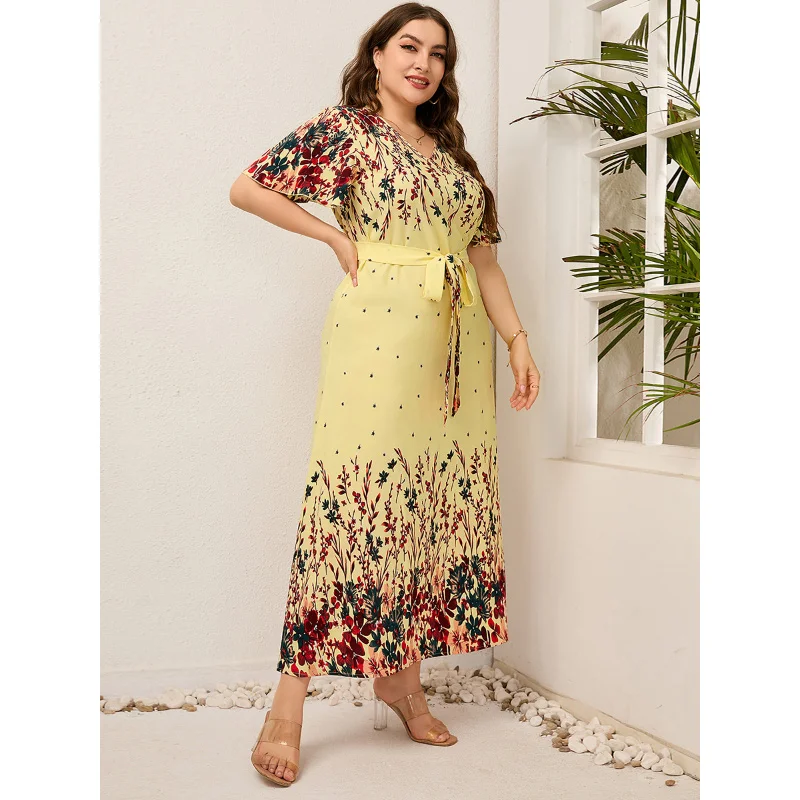 Plus Size 2023 Fashion Summer 3xl 4xl 5xl v Neck Long Dresses Elegant Floral Boho Dress Streetwear Dress for 3xl 4xl 5xl 6xl