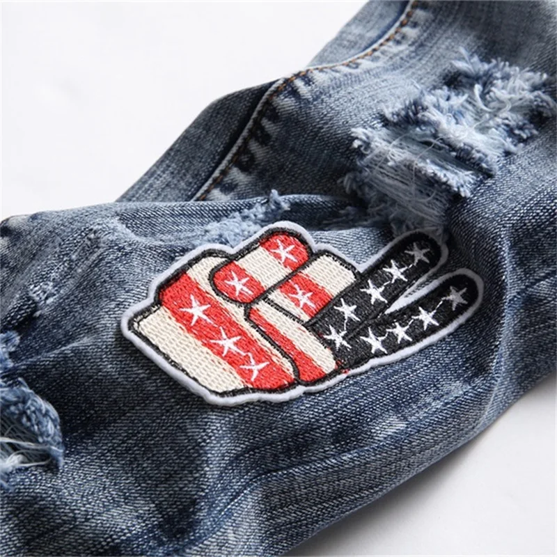 EH·MD® Ripped Scraped Jeans Embroidered American Flag Micro Seal Soft Light Blue Cat Whisker High Street Fashion High Stretch