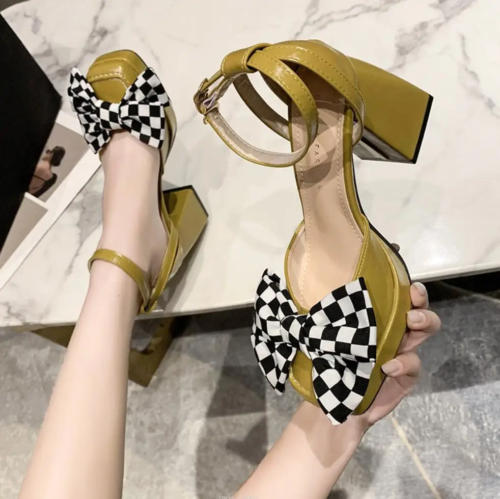

Women Designer Bowknot Sandals Brand New Sexy Chunky High Heels Pumps 9CM Platform Dress Shoes Party Wedding Shoes Female Sandal