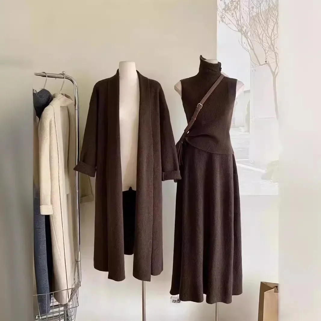 2024 женские комплекты из трех предметов длинный свитер жилет джемпер платье