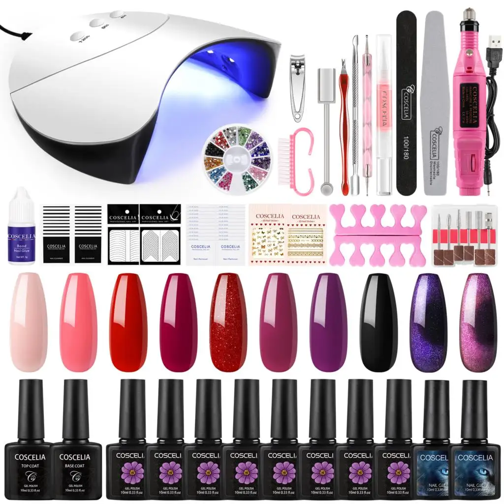 

COSCELIA Gel Nail Polish Kit UV LED Lamp Nail Drill Machine Glitter Soak Off Base Top Coat Complete Manicure Tools Set