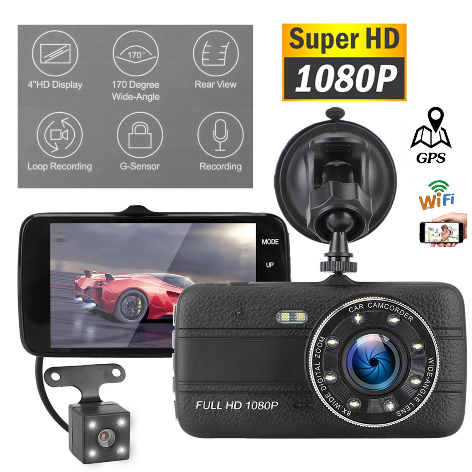 

Автомобильный видеорегистратор, видеорегистратор с Wi-Fi 4,0 Full HD 1080P, передний и задний видеорегистратор, Автомобильный видеорегистратор, черный ящик, GPS, автомобильные аксессуары