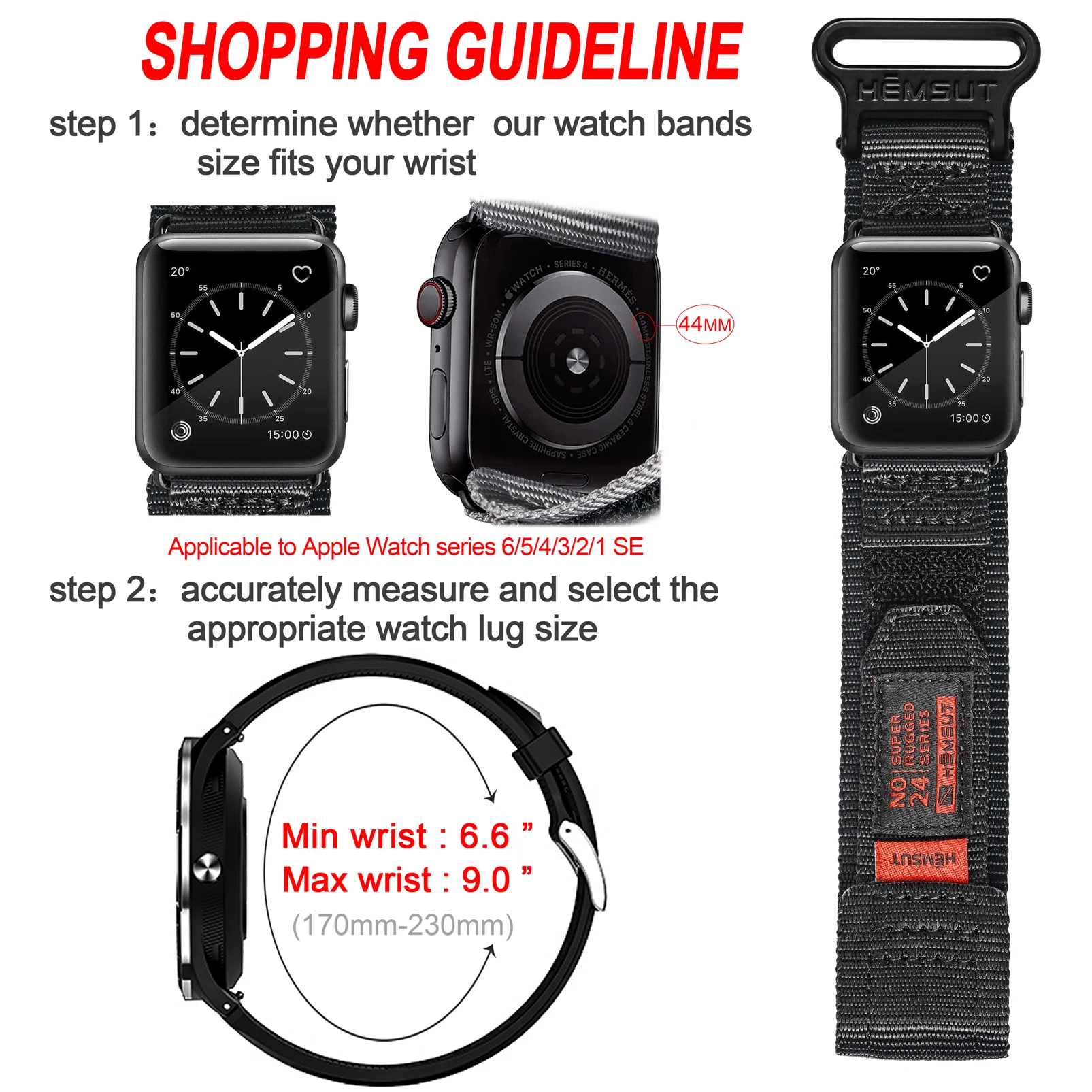 Super Rugged Nylon Sport Band for Apple Watch 40 41 45 40 44mm for iwatch 7 5 6 se 2 3 38mm 42mm strap bracelet wristbelt Black