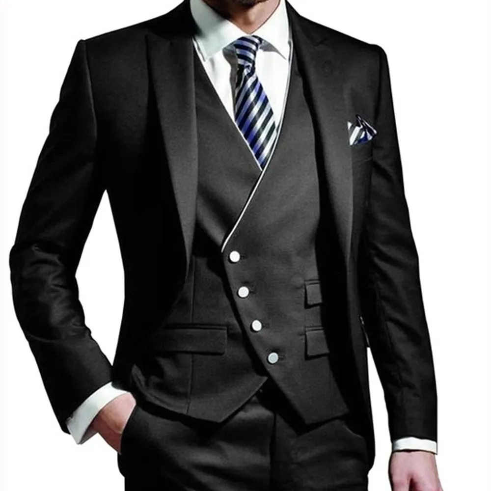 

Черные Облегающие смокинги для жениха, Свадебные Мужские костюмы из 3 предметов, смокинг, мужской блейзер (пиджак + брюки + жилет)