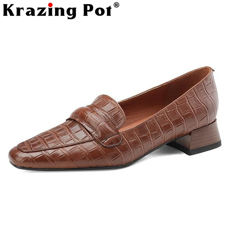 

Туфли Krazing Pot из натуральной кожи на среднем каблуке с квадратным носком, Современные Школьные Туфли-лодочки в британском стиле с крокодилов...