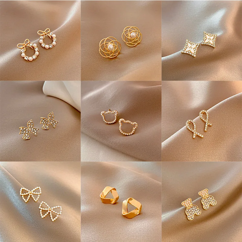 

Bowknot Pearl Earrings Geometrical Cross Vintage Metal Round Flower Hoop Ear Ring For Women Simple Versatile Earring Hot Jewelry