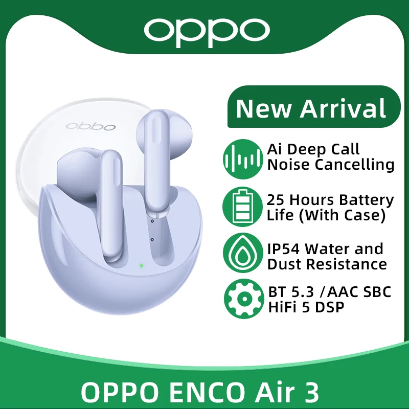 Наушники OPPO ENCO Air 3 TWS, беспроводные наушники Bluetooth 5,3, наушники-вкладыши с ИИ шумоподавлением, срок службы батареи 25 часов, IP54 для OPPO Reno 9 Pro