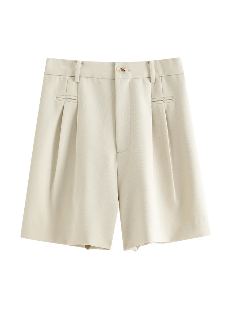 Шорты женские летние коричневые плиссированные с высокой талией 24FS12903