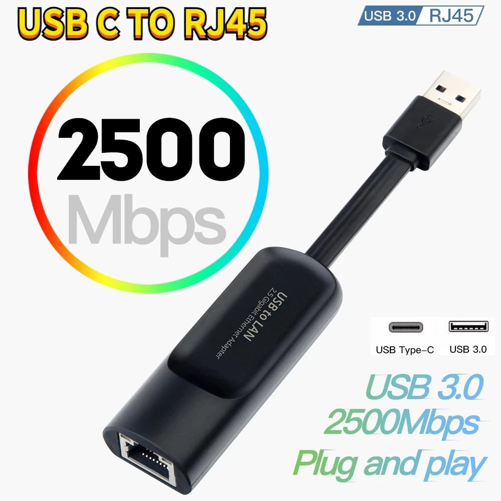 2500Mbps Type C USB 3.0 Ethernet To RJ45 2.5G Wired Adapter Type-C Converter External Wired Network Card and Network Cable