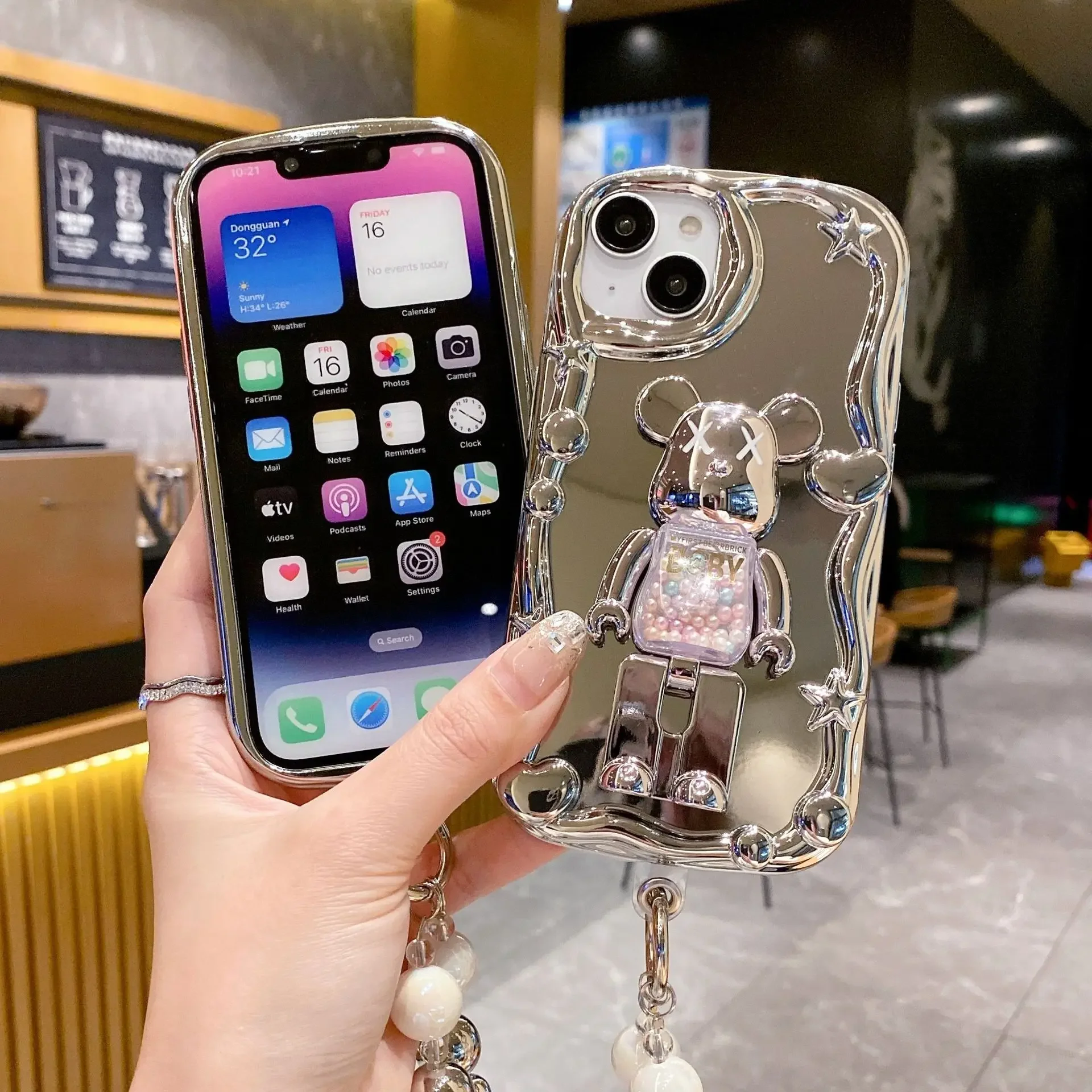 Модный чехол для телефона Violent XX Bear Bracket с гальваническим зеркалом iPhone 16 15 14 13 12 11 Pro