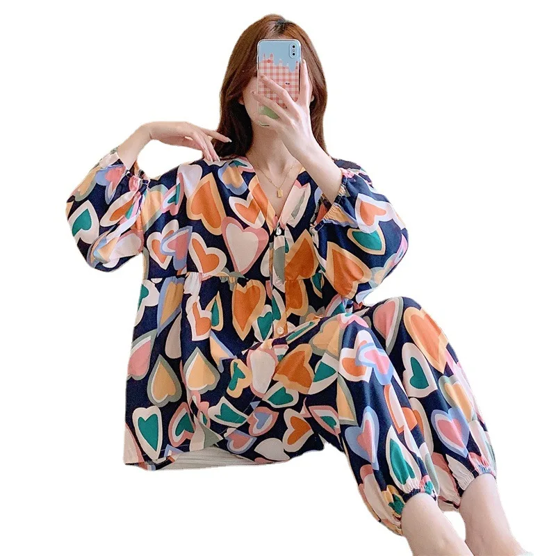 New Style Small Fragrant Wind Cardigan Pajamas Women Thin Section Home Service Cotton Silk Suit Large Size