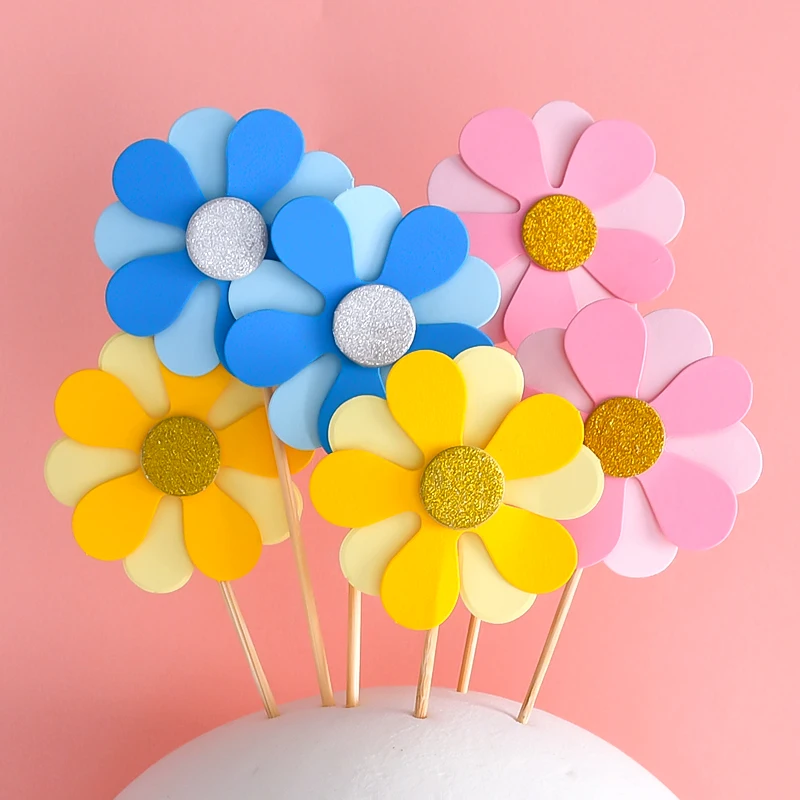 

Cakelove 6pcs Pink Blue Yellow Sun Flowers Cake Topper For Happy Birthday Party Cake Gift Decoration Daisy Flower Cake Toppers