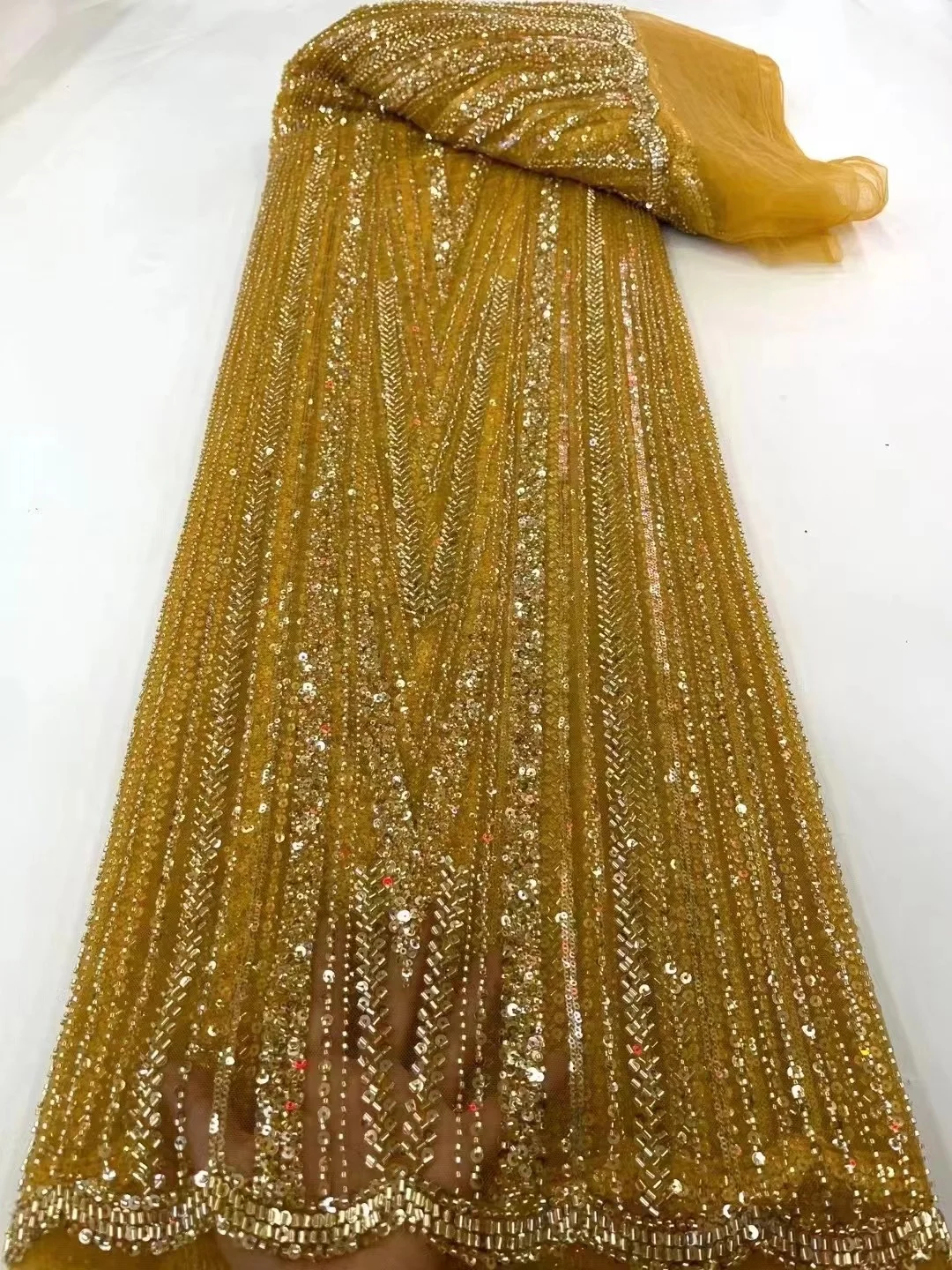 

Gold French Wedding Lace Fabric 2022 Mesh And Bead Handmade Nigerian Sequins Tulle Lace Fabric For Party Dress