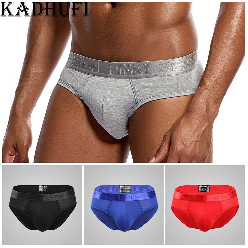 

KADHUFI Men's Cotton Soft Sexy Briefs Letter Print Low Waist Breathable Panties Seamless Hombre 3D-Pouch Solid Male Underwear