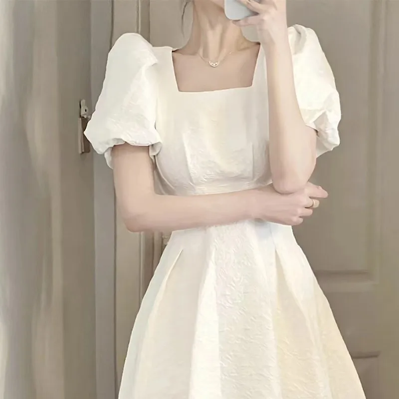 

WDMSNA French White Dress Women Summer Square Neck Vestido Feminino Puff Sleeves Slim Waist Chic A-line Long Robe Femme