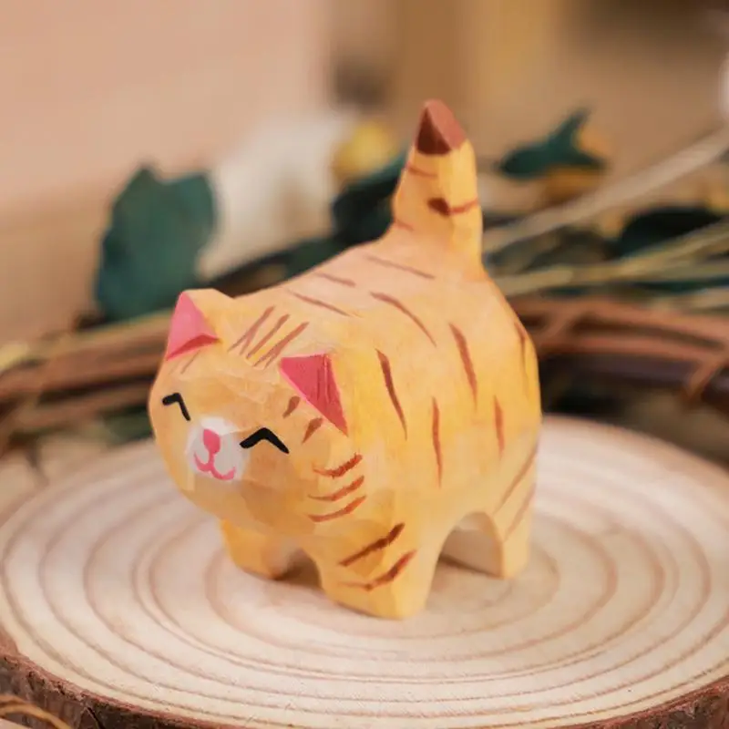 Фото Фигурки кошек, креативная деревянная статуя кошки, ручная работа, котенок, художественная резьба, работа, настольные украшения для кошек, домашний декор для кошек, животное №3