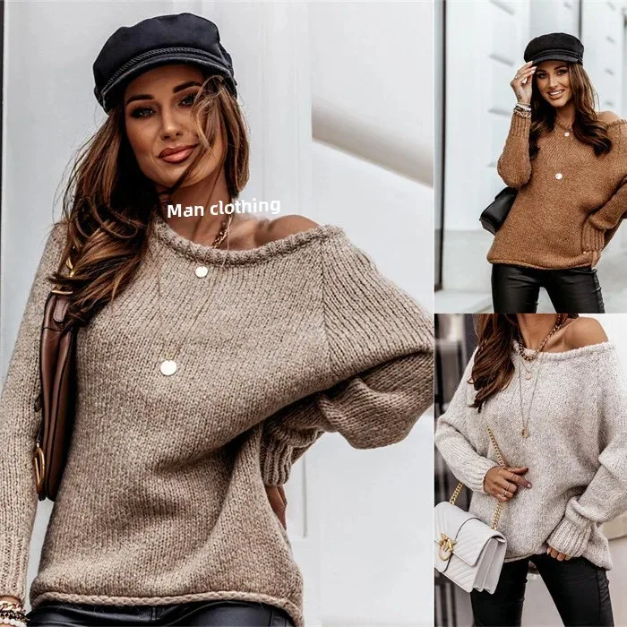 Amazon осень/зима 2021 пуловер с открытыми плечами и круглым вырезом вязаный