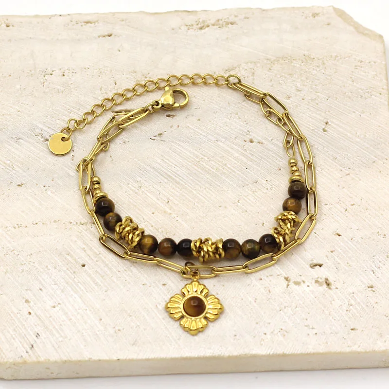 Позолоченный браслет из нержавеющей стали с тигровым камнем для женщин