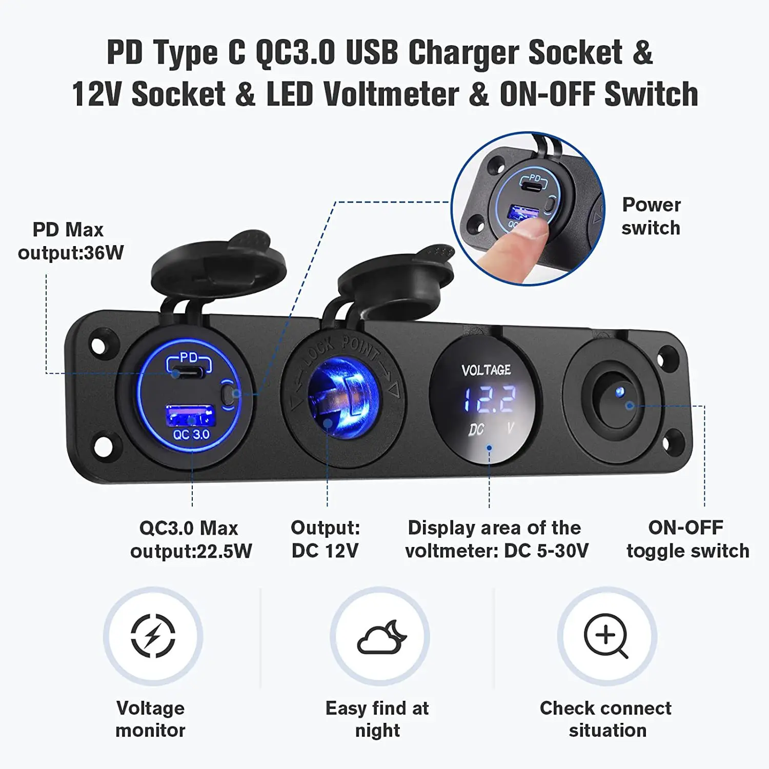 4 в 1 панель PD QC3.0 USB Автомобильное зарядное устройство светодиодный вольтметр