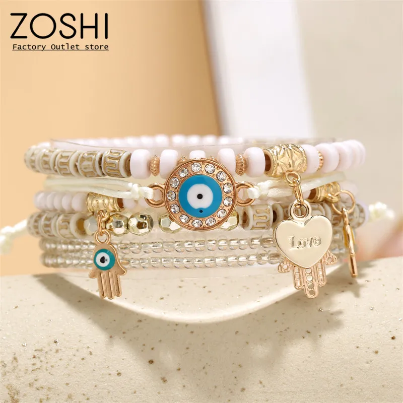 

6pcs/set White Beaded Evil Eye Bracelet for Women Handmade Elastic Multilayer Bracelet Good Luck Nazar Amulet Bangle Turkish