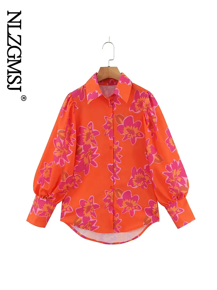 

Nlzgmsj 2022 Puff Sleeve Printed Shirt Autumn Women Long Sleeve Turn Down Collar Button Casual Lady Tops Shirts