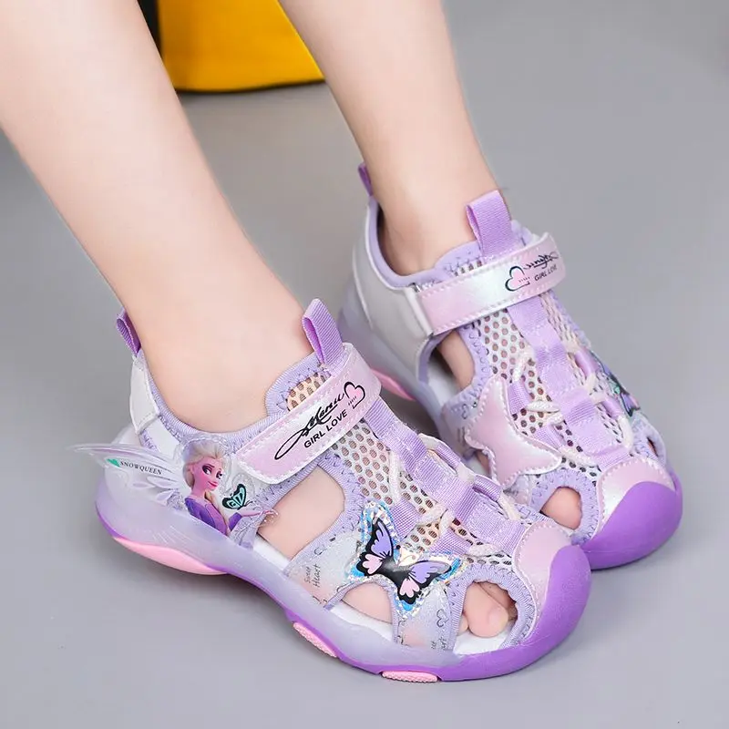 Disney Girls' Sandals Lights Summer Style Children's Anti-skid Soft Soles Elsa Princess Carton Shoes Pink Purple Size 23-36