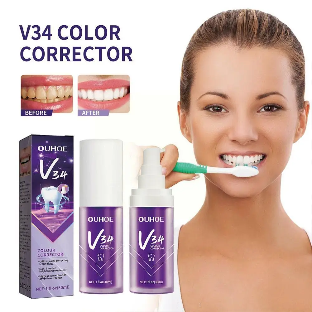 

V34 Tooth Color Corrector Whitening Toothpaste 30ml Gel Gum Remove Teeth Cleaning Stain Deep Brightening Yellow Mousse Care R6Q6