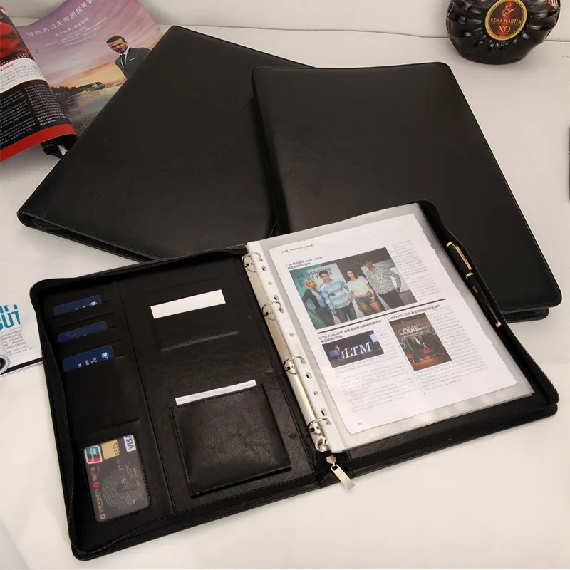 

Custom logo deboss black high-grade leather with calculator folder a4 multi-function loose-leaf business office manager folder