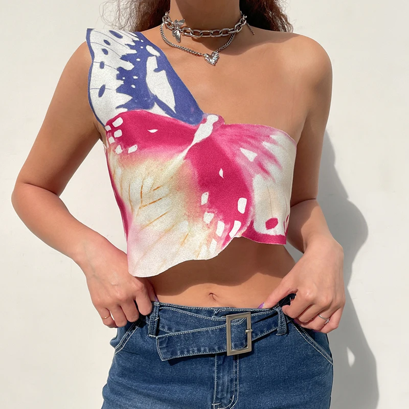

WeiYao Butterfly Shape Kawaii One Shoulder Tank Top Female Tie Dye Print Vintage Aesthetic Grunge Vest Tees Y2K Streetwear