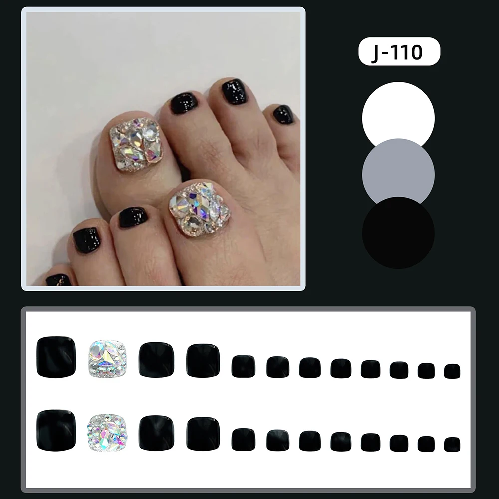 

24 шт. глянцевые черные накладные ногти Короткие квадратные ногти с блестящей полосой дизайн ног накладные ногти для ногтей гель для маникюр...