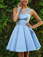 sky blue a line cocktail party dresses 2022 illusion neck sleeveless lace appliques short prom birthday gown robe de soiree
