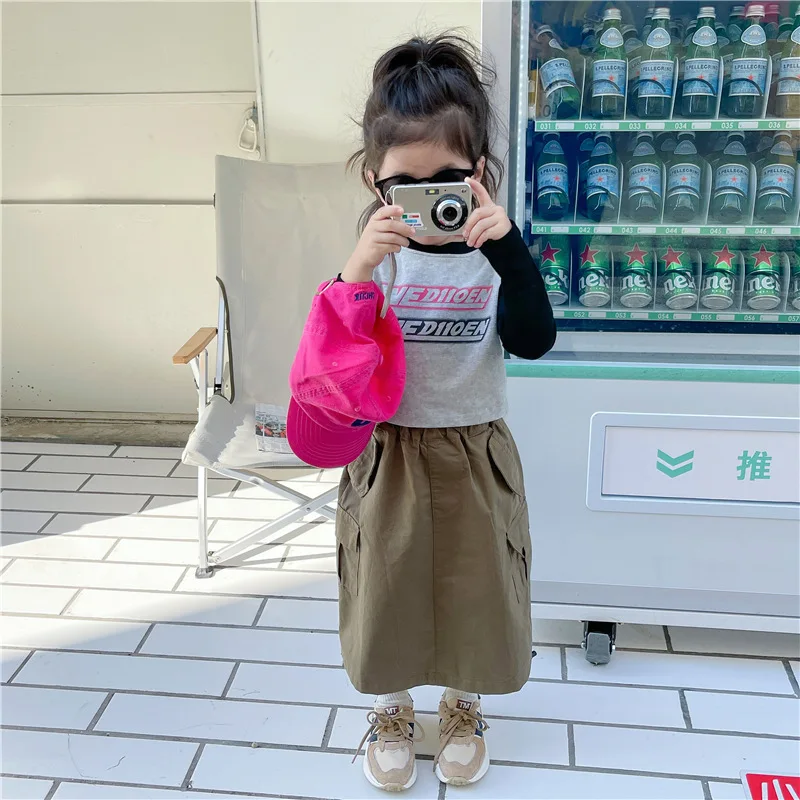 

TaoziBaby, облегающая футболка для девочек с длинным рукавом и надписью, болотная зеленая юбка с несколькими карманами, детская одежда для девоч...