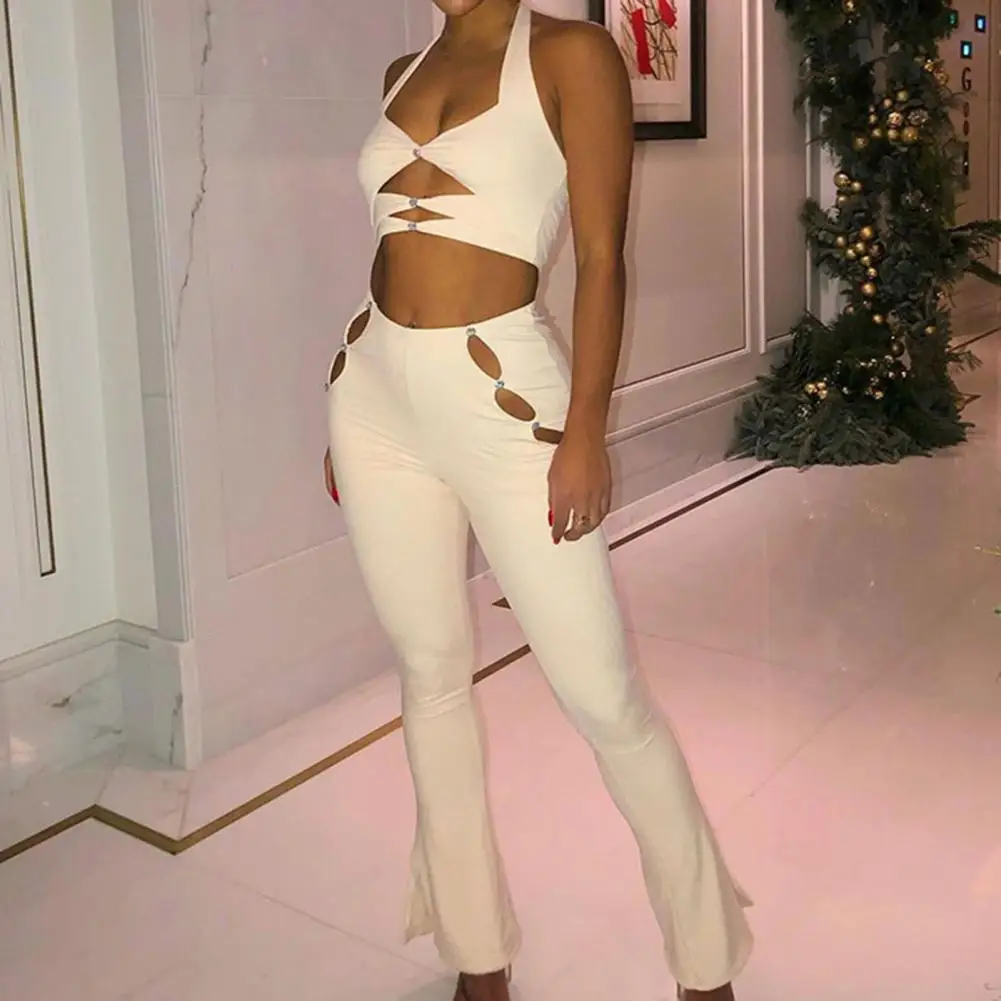 

Sexy Women Vest Pants Set Solid Color Slim Fit Elastic Hollow Out Sleeveless Deep V Neck Tank Top Trousers Suit Female Clothes
